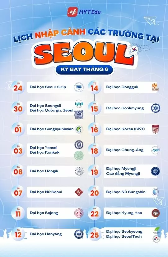 deadline nhập cảnh các trường Hàn Quốc khu vực Seoul tháng 6