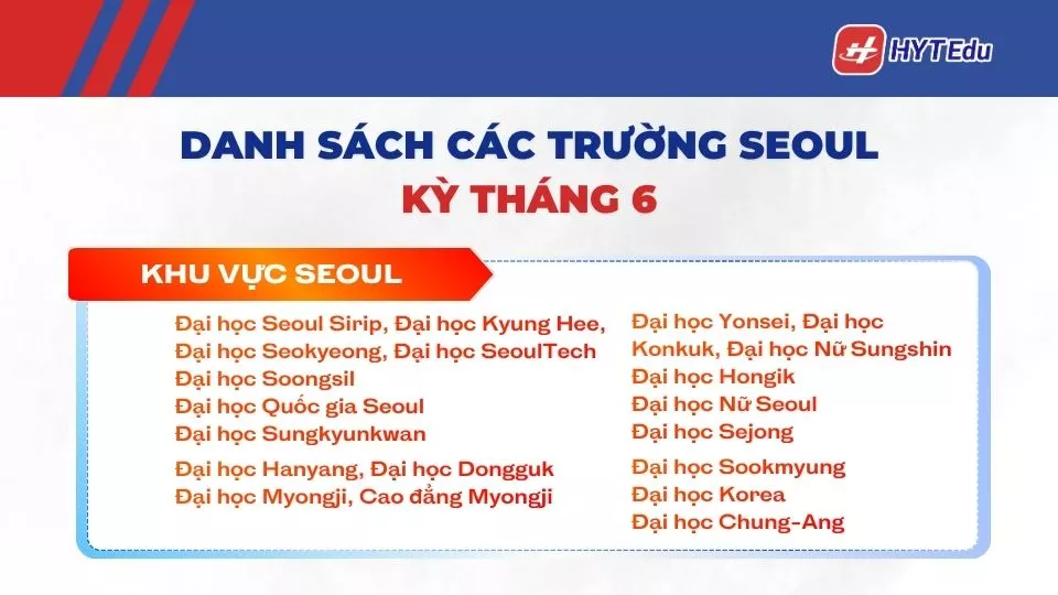 danh sách các trường đại học khu vực Seoul Hàn Quốc kỳ tháng 6