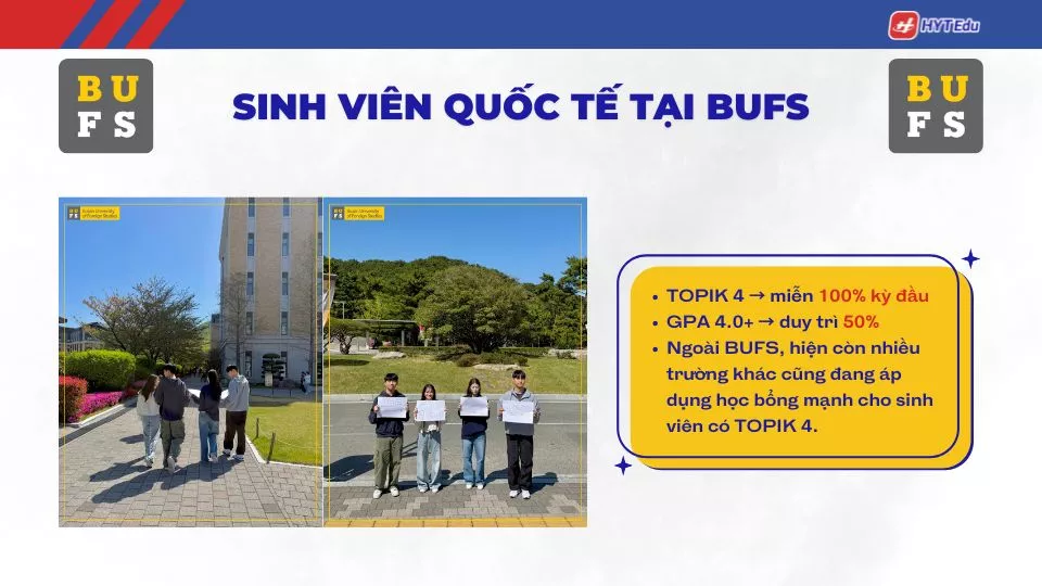 TOP trường thạc sĩ Hàn Quốc học bổng 100% 2026 Sinh viên quốc tế tại BUFS cùng infographic học bổng TOPIK 4