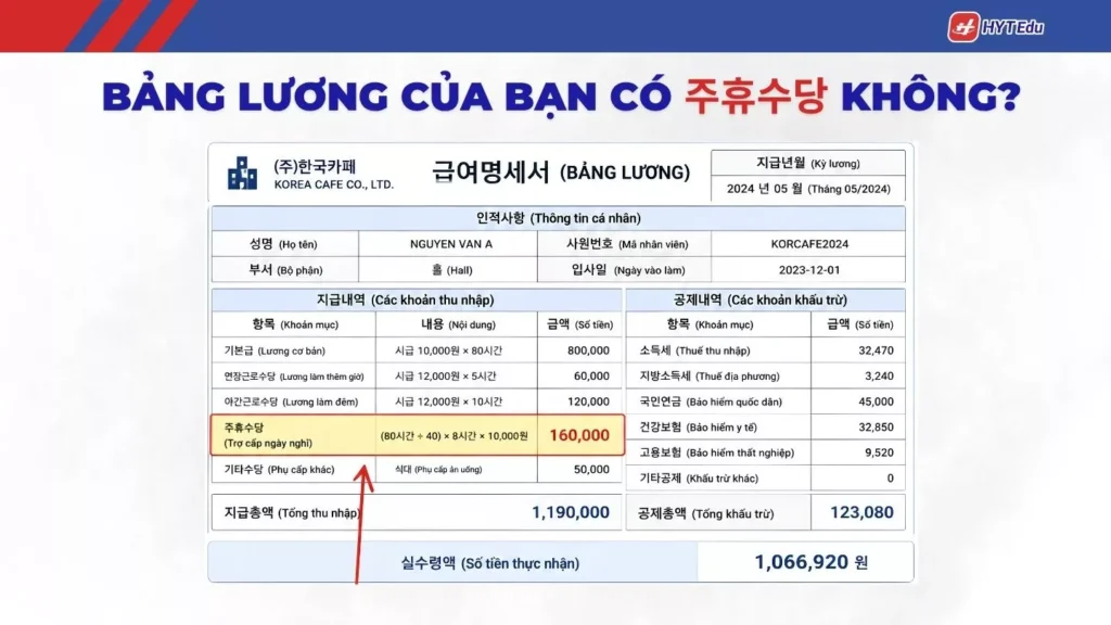 kiểm tra trợ cấp ngày nghỉ trên bảng lương Hàn Quốc