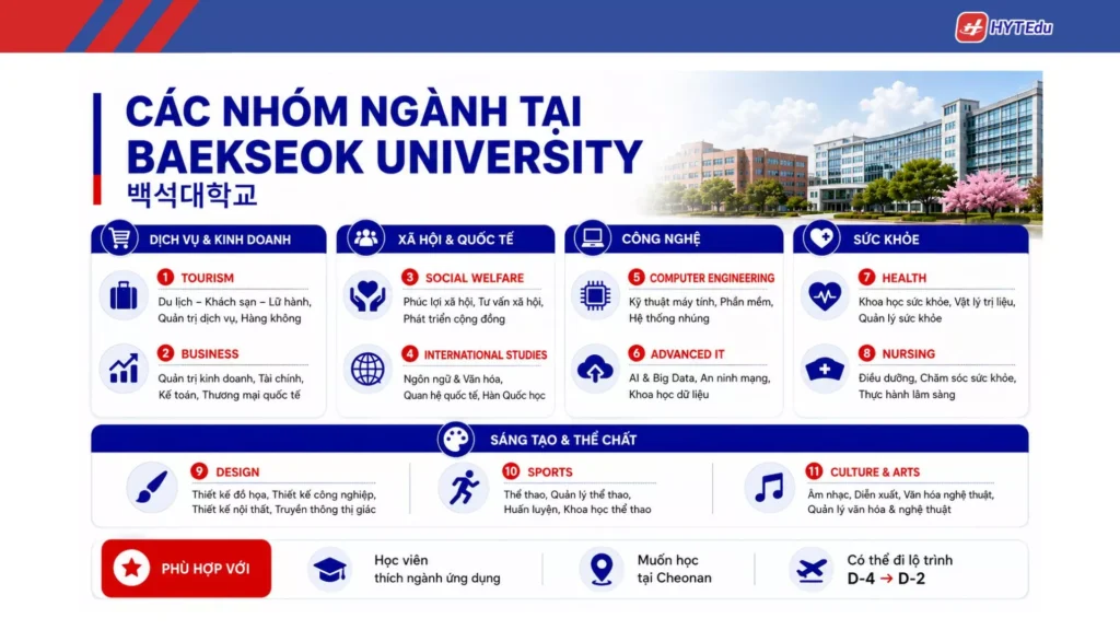Đại học BaekSeok: Điều kiện, học phí, học bổng Các ngành học Đại học BaekSeok du lịch kinh doanh IT sức khỏe thiết kế