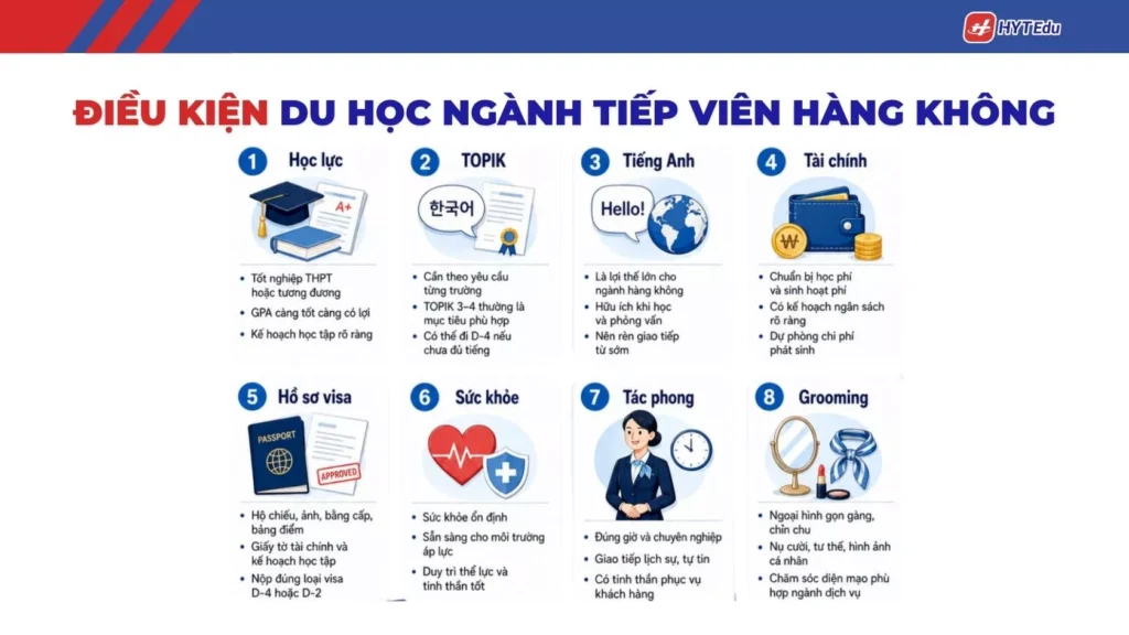 Điều kiện du học Hàn Quốc ngành tiếp viên hàng không cần TOPIK tài chính hồ sơ