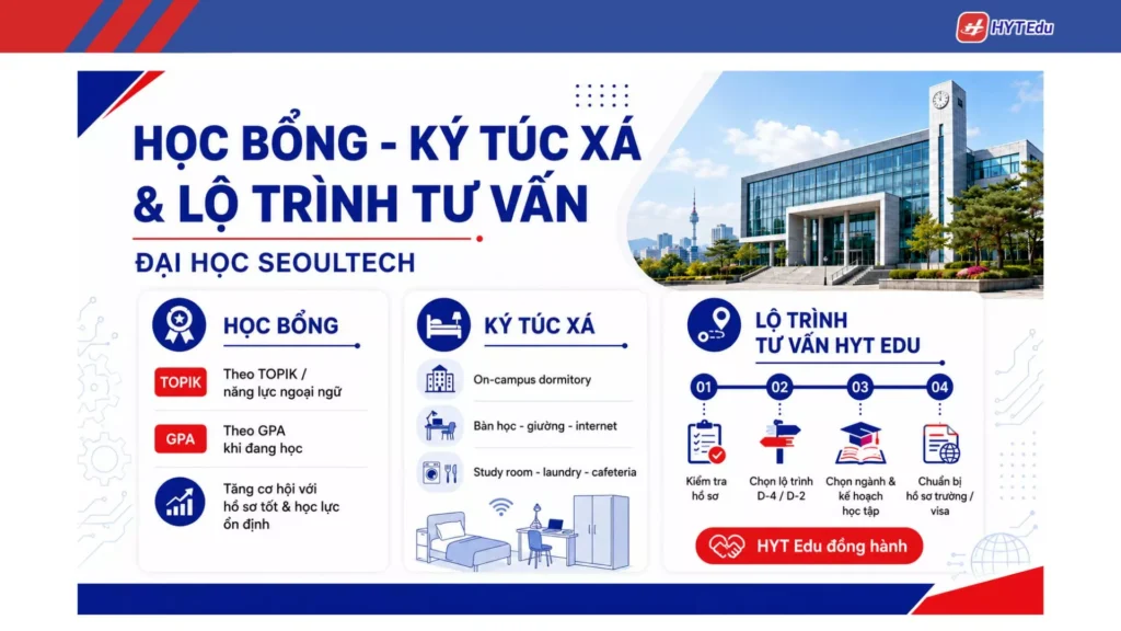 Đại học SeoulTech: Điều kiện, học phí, học bổng Học bổng ký túc xá Đại học SeoulTech HYT Edu visa D-4 D-2