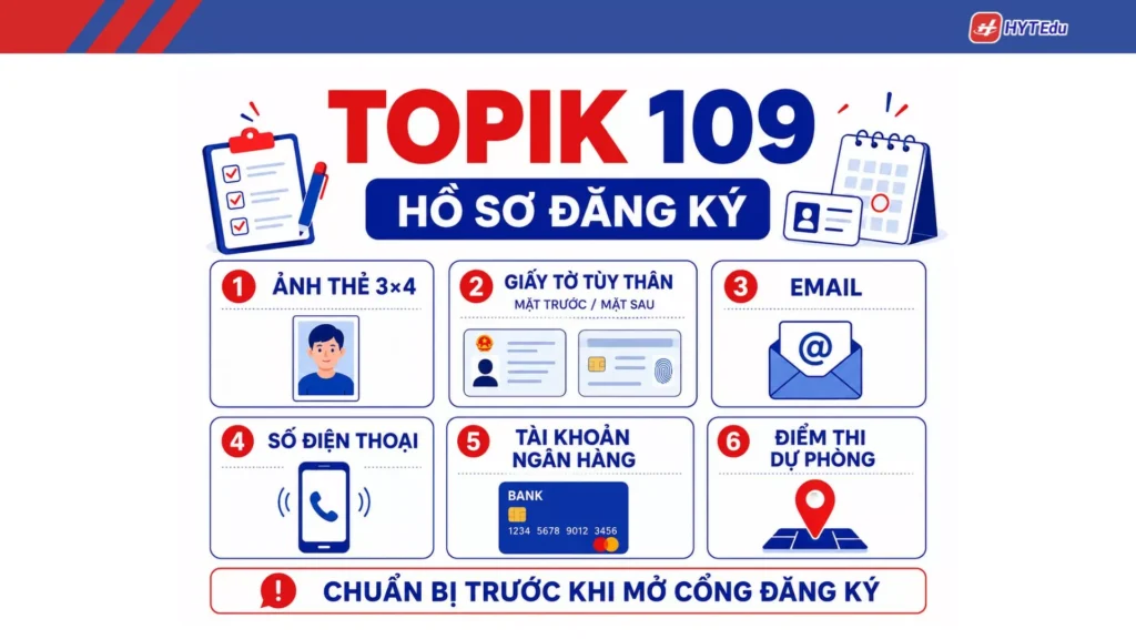 Hồ sơ đăng ký TOPIK 109 gồm ảnh thẻ giấy tờ tùy thân và tài khoản thanh toán
