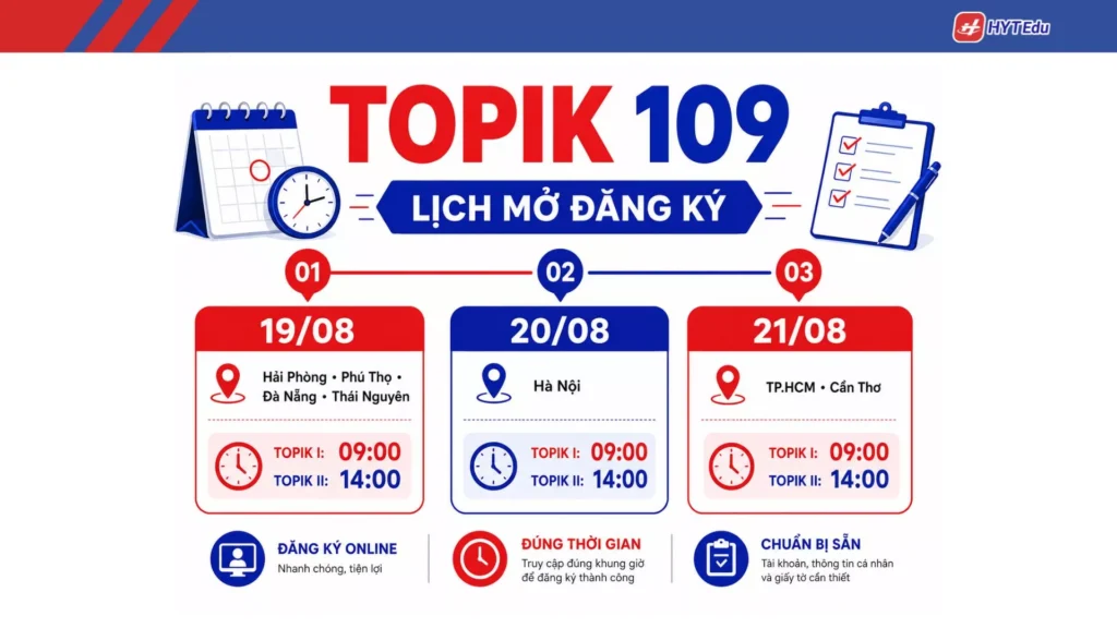 Lịch đăng ký TOPIK 109 theo từng khu vực từ ngày 19 đến 26/08/2026