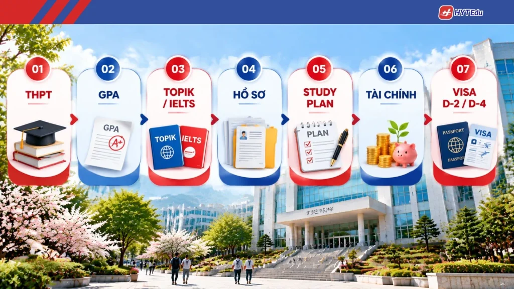 Điều kiện nhập học Đại học Quốc gia Gyeongguk gồm GPA TOPIK IELTS hồ sơ Study Plan tài chính Visa D2 D4