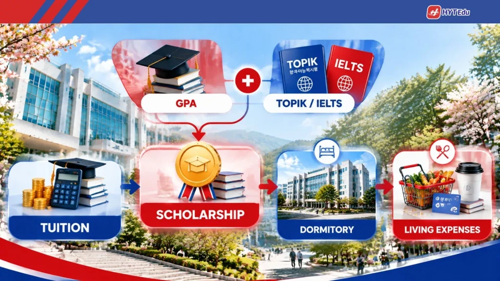 Học phí học bổng Đại học Quốc gia Gyeongguk gồm Tuition Scholarship Dormitory Living Expenses GPA TOPIK IELTS