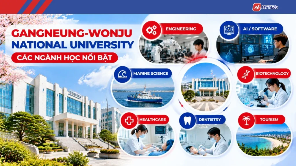 Các ngành học nổi bật tại Đại học Quốc gia Gangneung-Wonju gồm Engineering AI Software Marine Science Healthcare Tourism