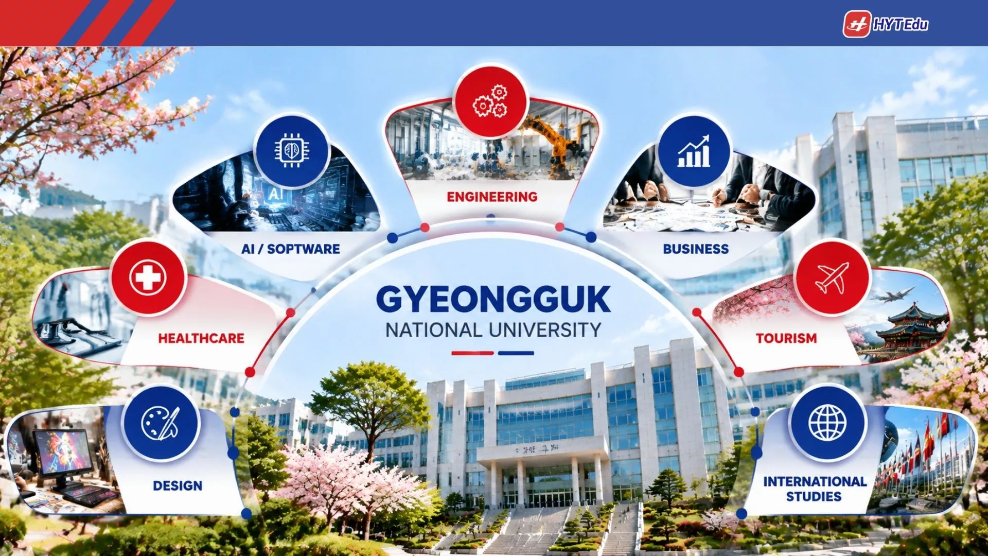 Ngành học nổi bật Đại học Quốc gia Gyeongguk gồm Engineering AI Software Business Healthcare Tourism Design International Studies