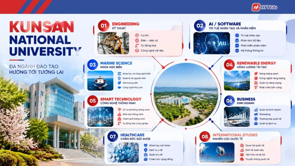 Đại học Quốc gia Kunsan: Điều kiện, học phí, học bổng Ngành học Đại học Quốc gia Kunsan gồm Engineering AI Software Marine Science Renewable Energy Smart Technology Business Healthcare