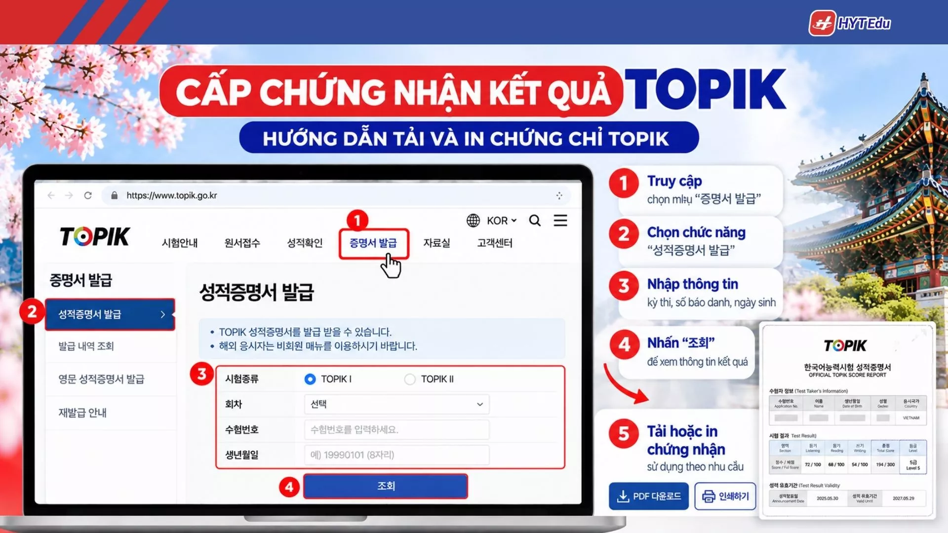 Cách tải chứng chỉ TOPIK và in chứng nhận kết quả trên website chính thức