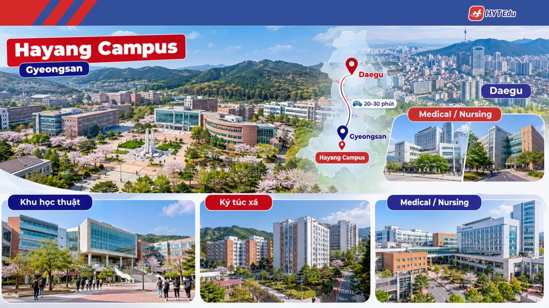 Đại học Catholic Daegu: Điều kiện, học phí, học bổng Daegu Catholic University campus tại Hayang Gyeongsan với khu học thuật ký túc xá và vị trí gần Daegu