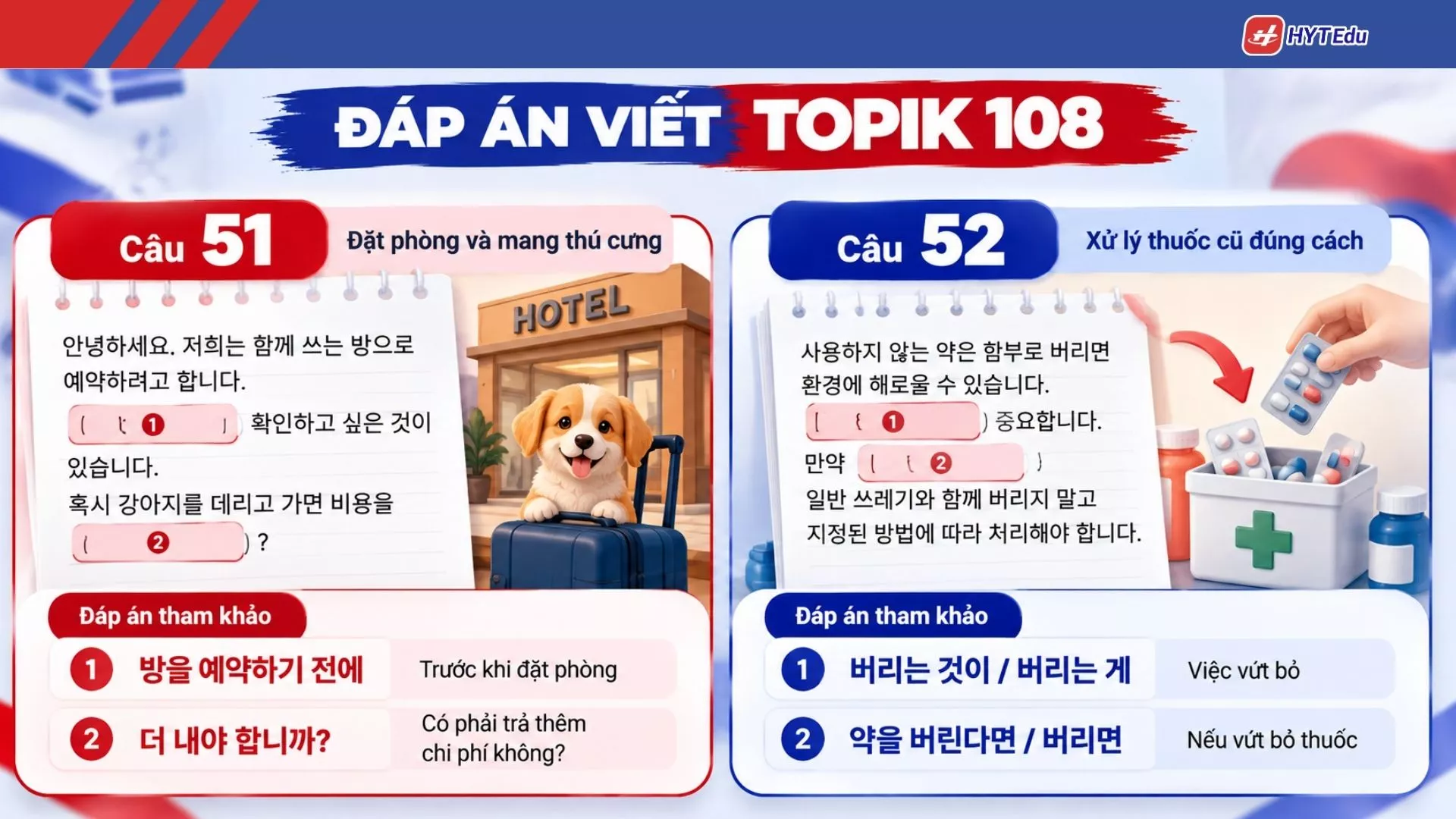 Đáp án viết TOPIK 108 câu 51 và 52 kèm giải thích ngữ pháp tiếng Hàn