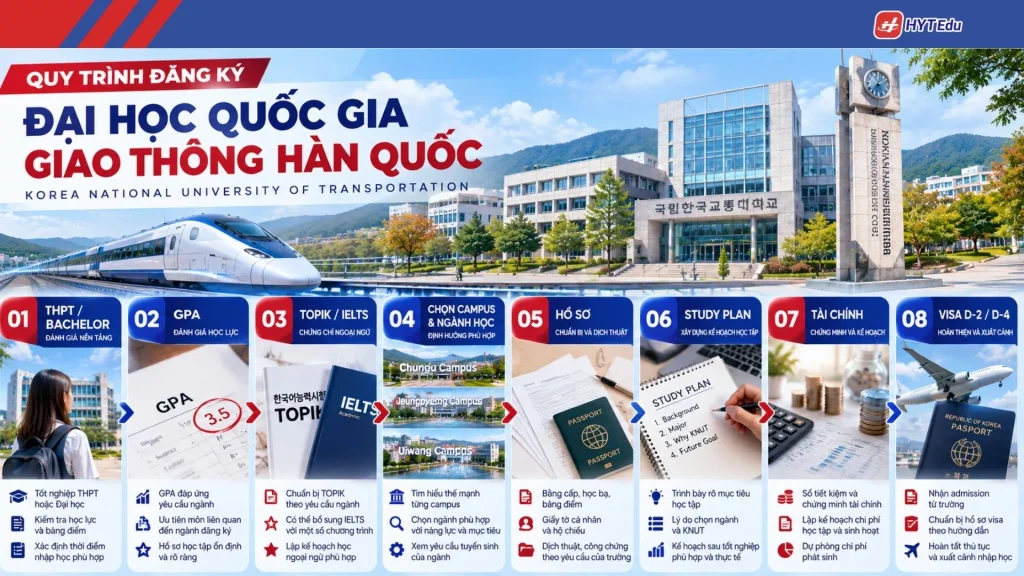 Điều kiện Đại học Quốc gia Giao thông Hàn Quốc gồm GPA TOPIK IELTS chọn campus ngành hồ sơ Study Plan tài chính và visa