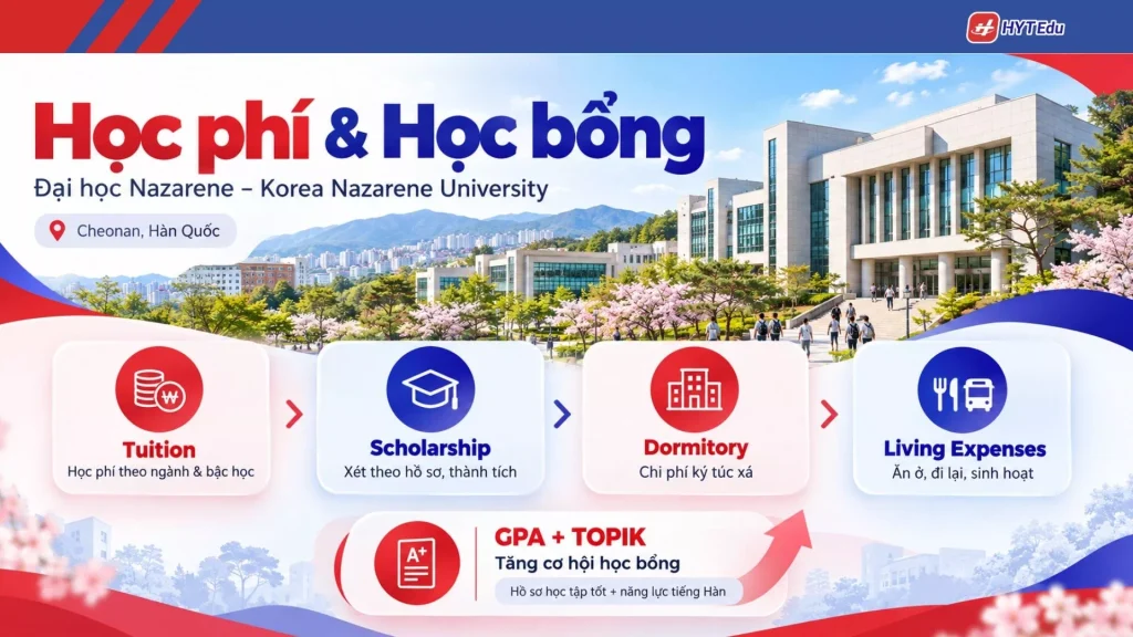 Học phí học bổng Đại học Nazarene gồm tuition scholarship dormitory GPA TOPIK và living expenses