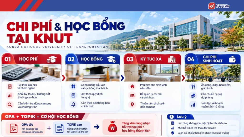 Học phí học bổng Đại học Quốc gia Giao thông Hàn Quốc gồm tuition scholarship dormitory living expenses GPA và TOPIK