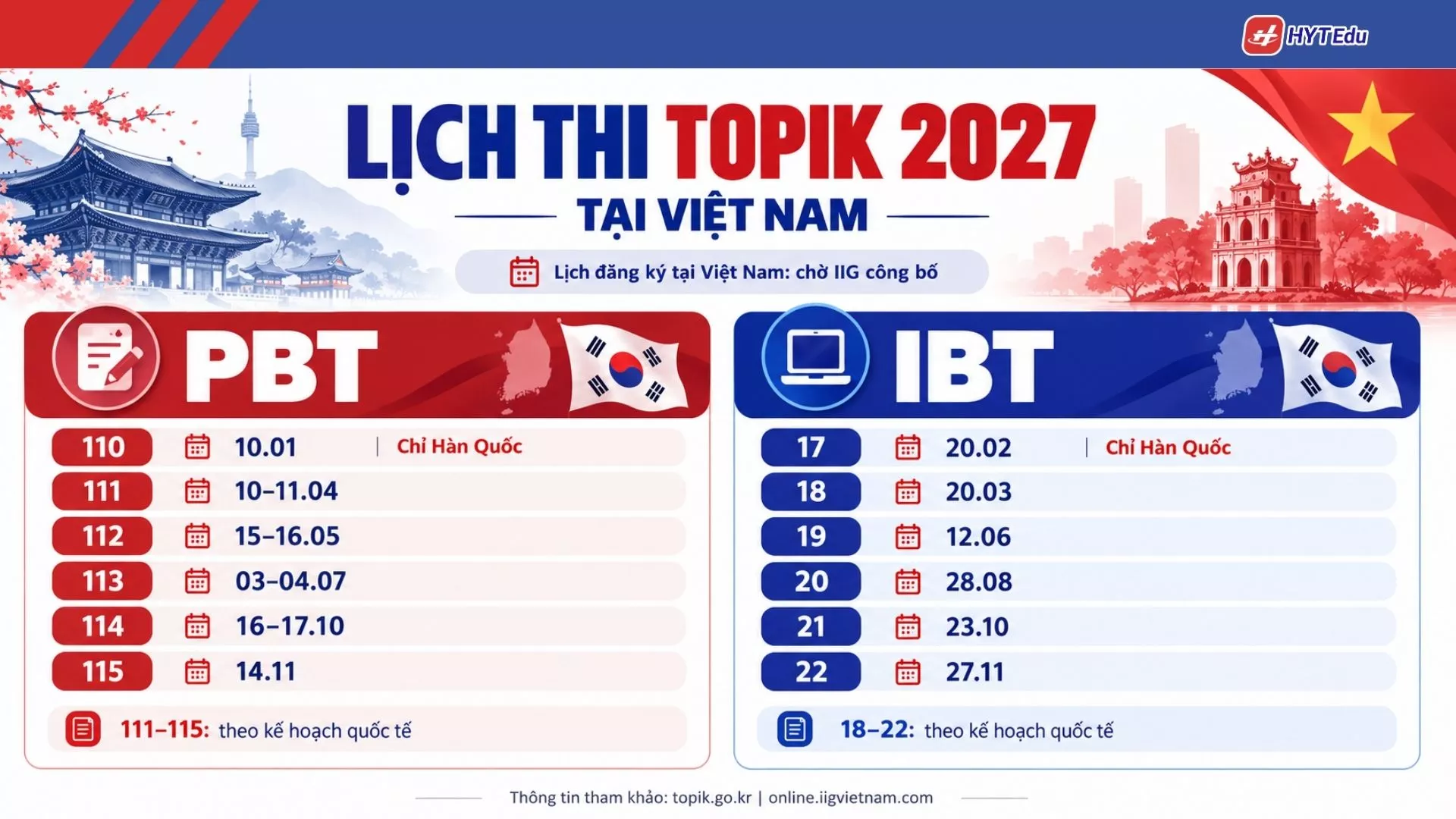 lịch thi topik pbt ibt 2027