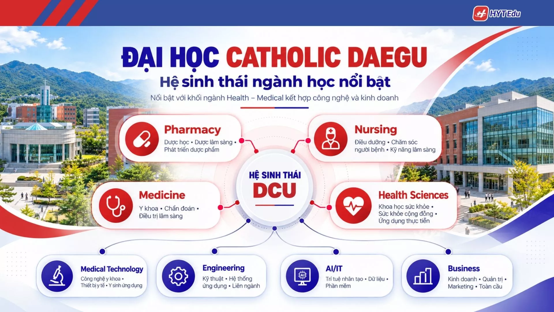 Đại học Catholic Daegu: Điều kiện, học phí, học bổng Ngành học Đại học Catholic Daegu gồm Pharmacy Nursing Medicine Health Sciences Engineering AI IT và Business