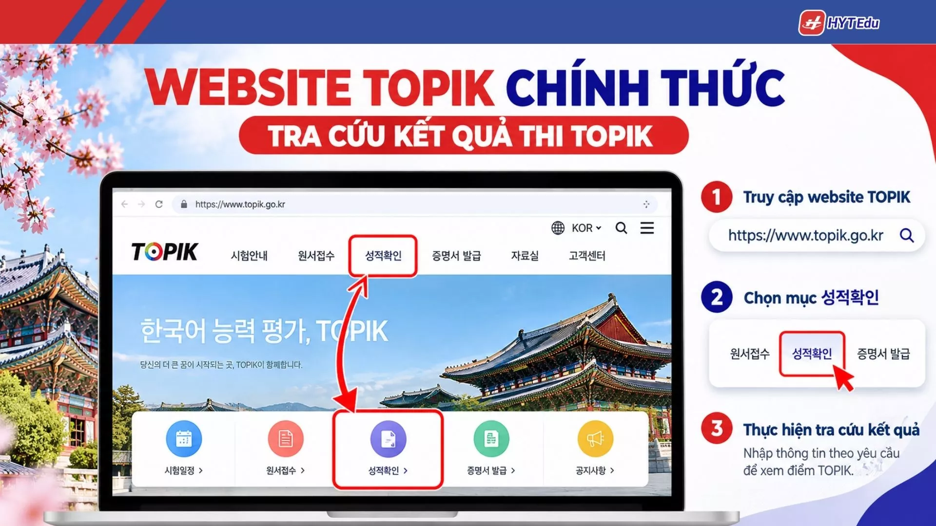 Giao diện website tra cứu điểm TOPIK chính thức tại topik.go.kr