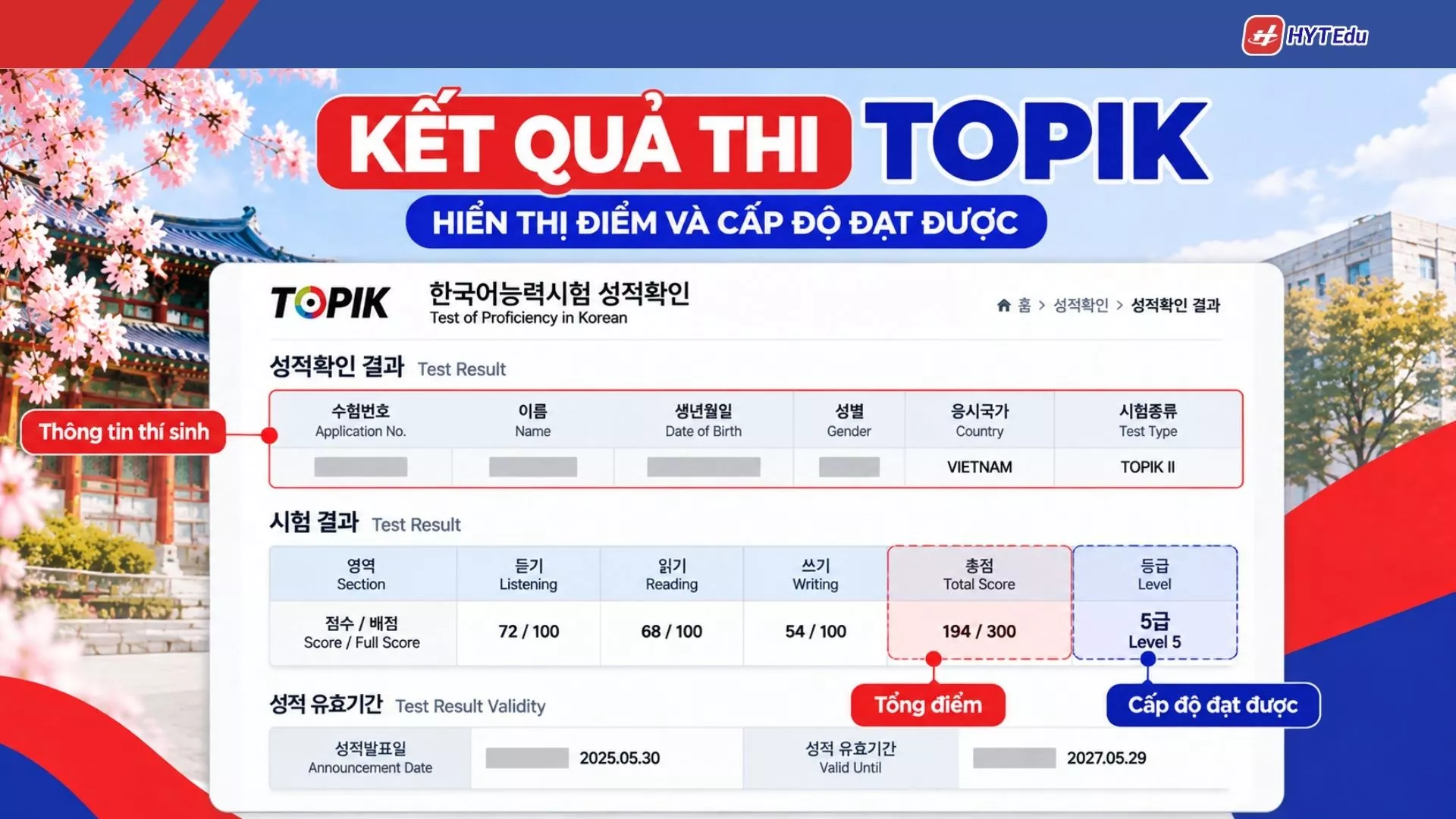 Xem kết quả TOPIK gồm điểm thành phần tổng điểm và cấp độ đạt được
